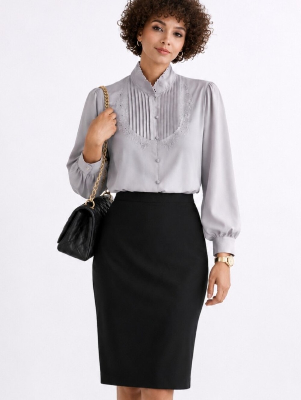 Kara | Vintage Gray Blouse Pin Tuck Pleated High Neck Floral